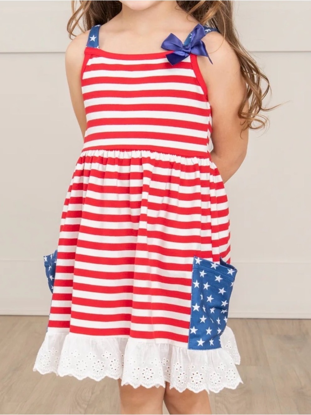 Marie Nicole Girls' America Red & White Striped Sundress Blue Star Pockets small